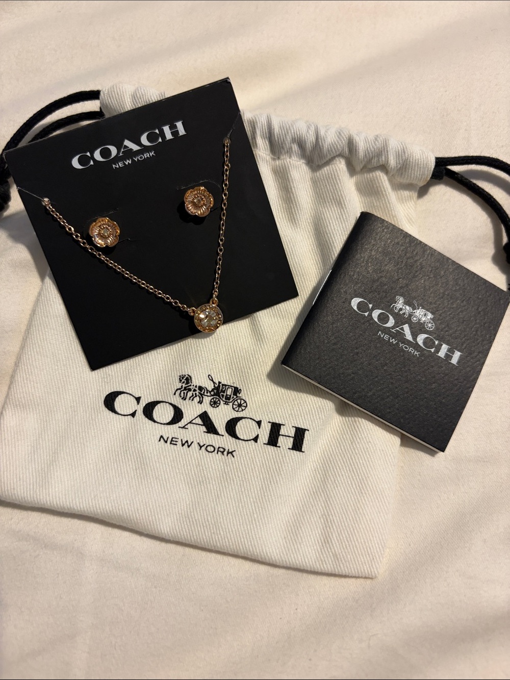 Coach Rose Gold Crystal Pendant Necklace with Matching Studs